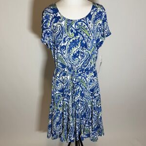 NWT MSK Cobalt Parrot Paisley Print Tie Waist Dress Godets Womens Size XL Boho